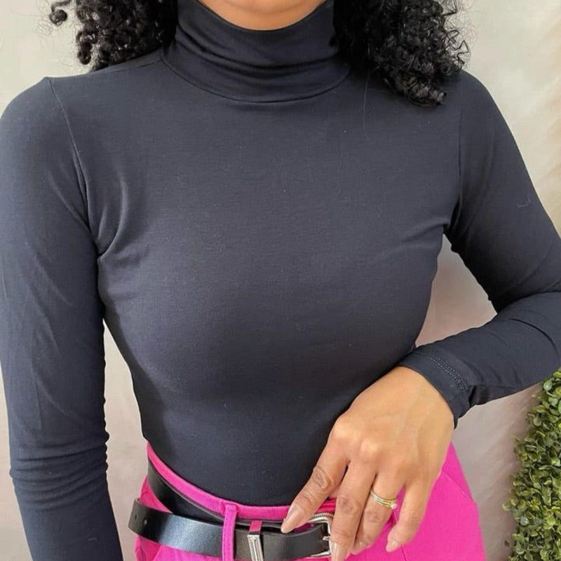 Blusa Cacharrel Manga Longa Segunda Pele Gola Alta