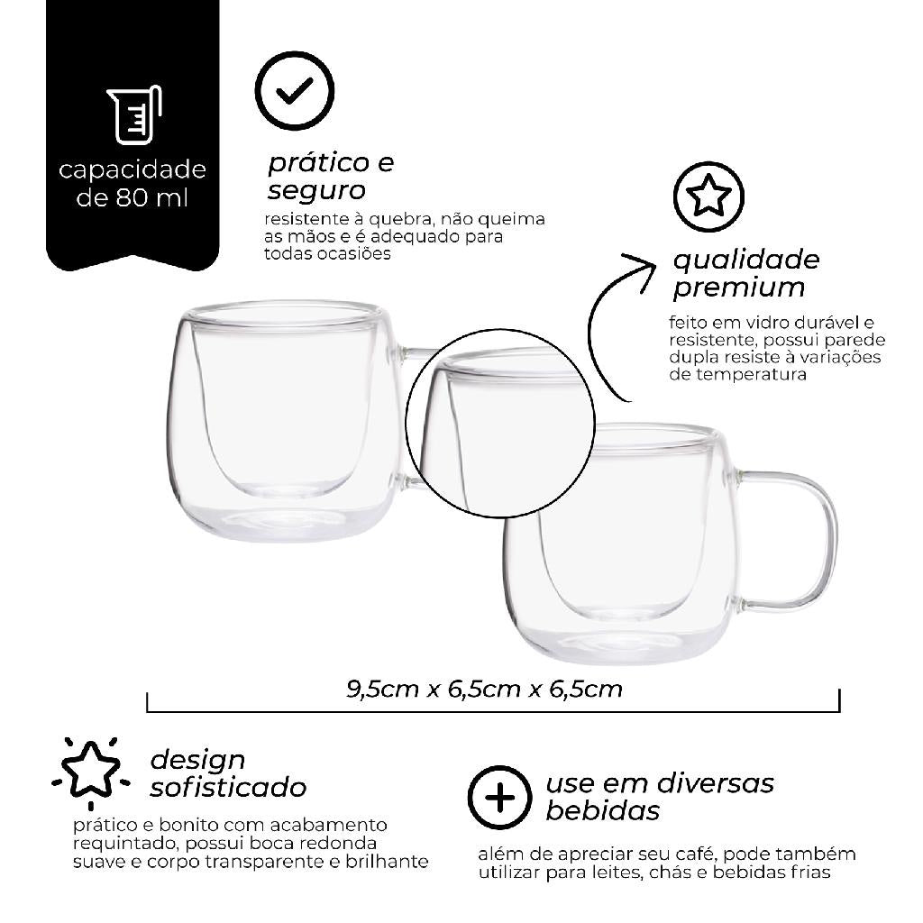 Par de Xícaras de Café de 80 ml com Parede Dupla e Vidro Borossilicato Premium - Kaype Store