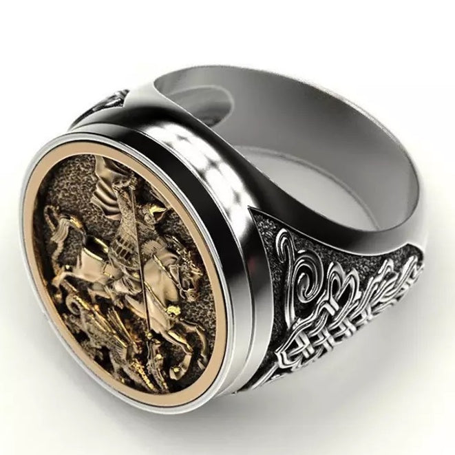 Anel Masculino Prateado com Detalhe em Bronze "São Jorge" - Kaype Store