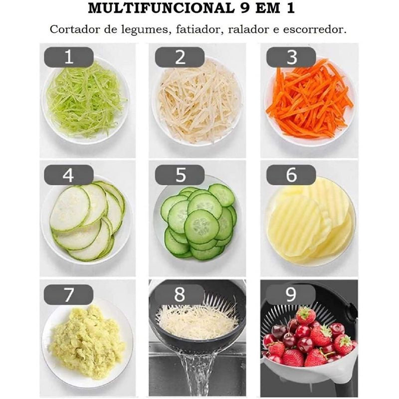 Cortador Fatiador De Legumes 9 Em 1 lâminas Com Bacia Escorredor Ralador Cesto Fatiador