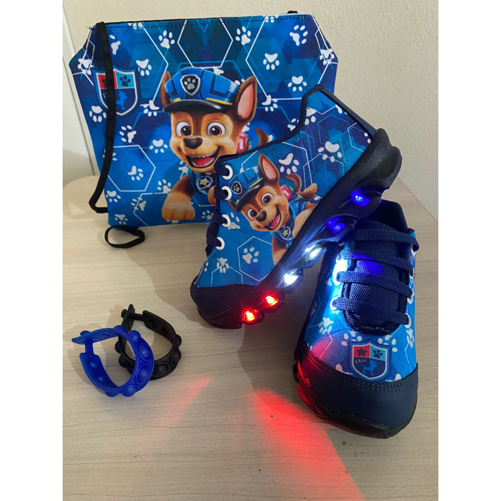 Tênis Infantil de Luzinha LED da Patrulha Canina com Bolsinha e Pulseira Popit de Brinde - Kaype Store