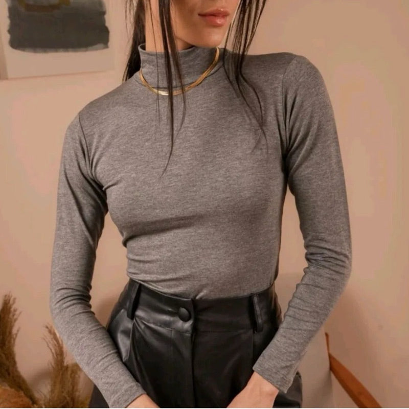 Blusa Cacharrel Manga Longa Segunda Pele Gola Alta