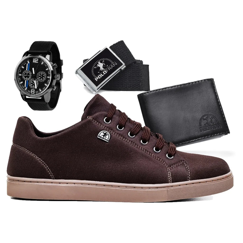 Kit Sapatênis Casual Vip + Relógio Luxe + Carteira + Cinto