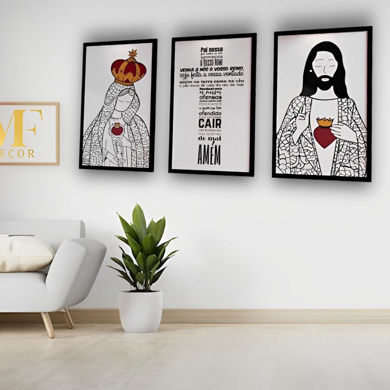 Kit 3 Quadros Plaquinhas Decorativas Religiosas - "Pai Nosso, Jesus, Nossa Senhora" em MDF 20x30 - Kaype Store