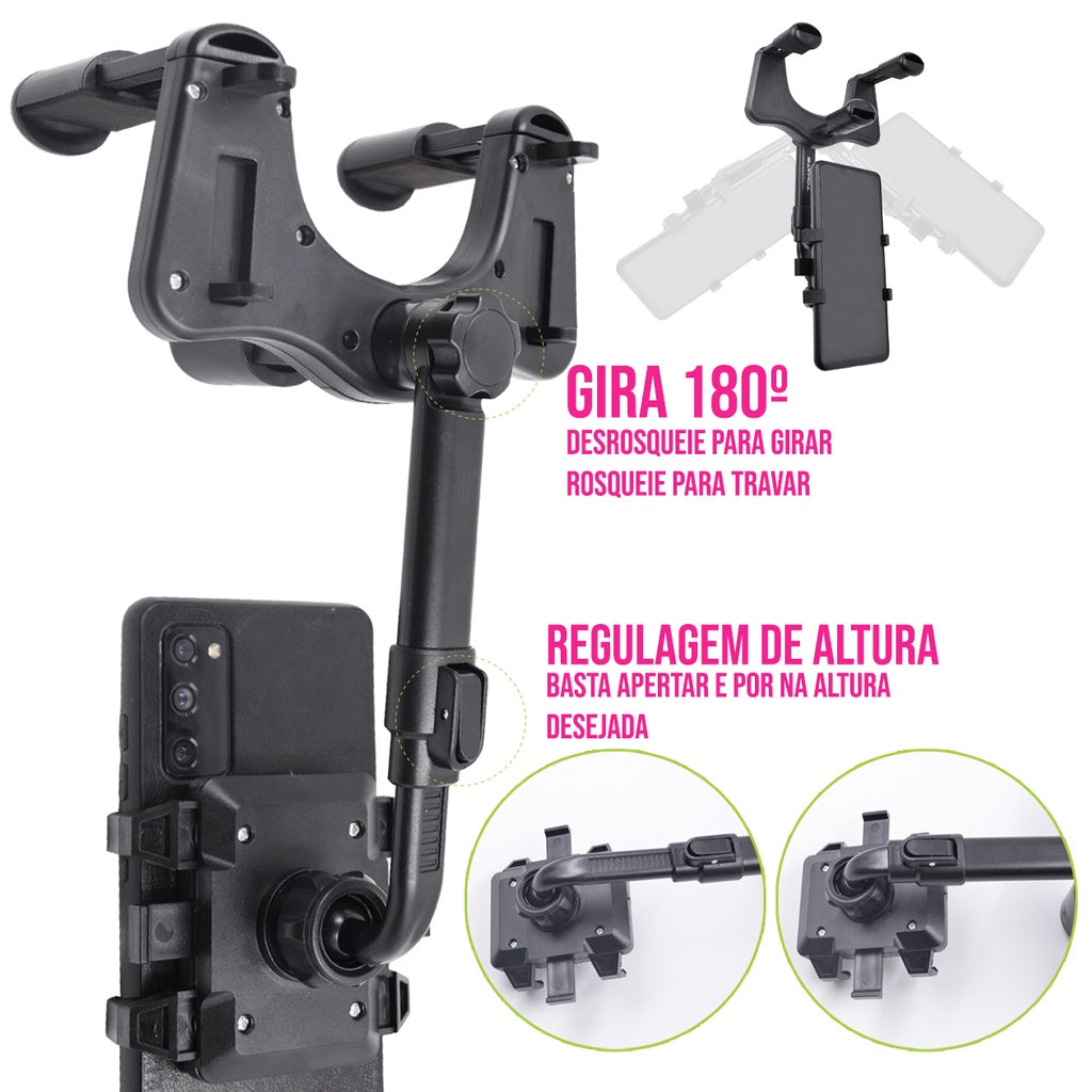 Suporte para Celular Smartphone com Apoio no Retrovisor Extensível Giro 360º - Kaype Store