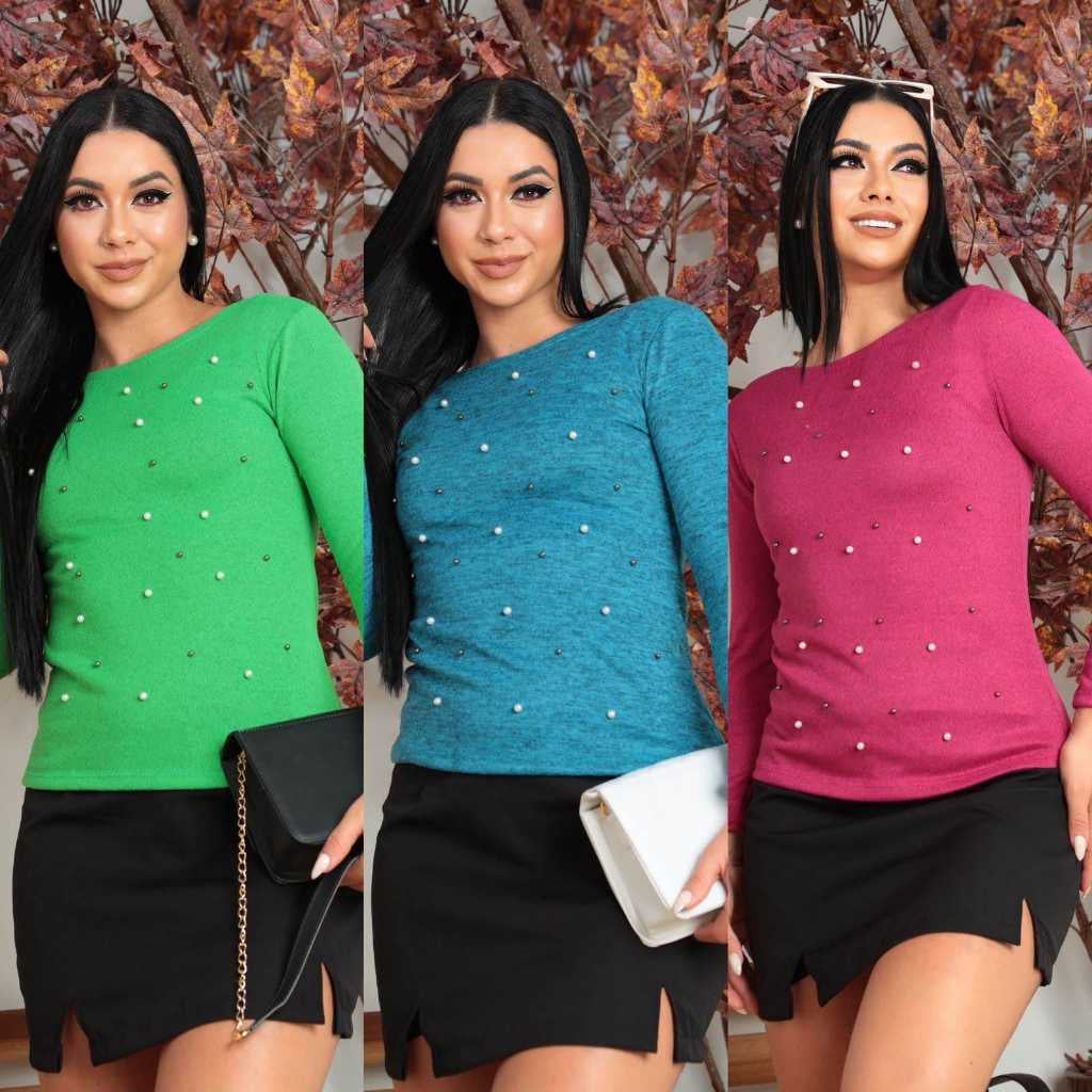 Blusa Feminina com Aplique de Pérolas - Outono Inverno - Kaype Store