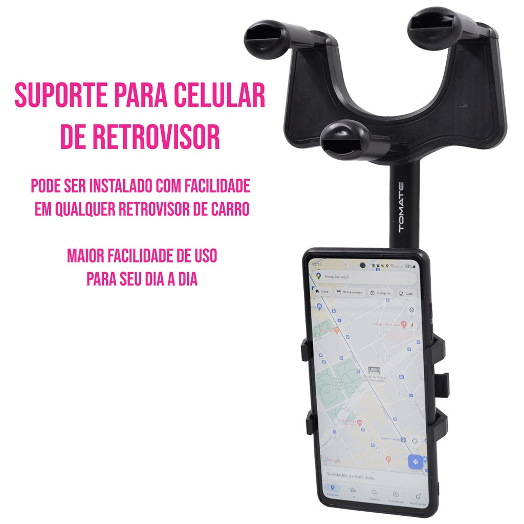 Suporte para Celular Smartphone com Apoio no Retrovisor Extensível Giro 360º - Kaype Store