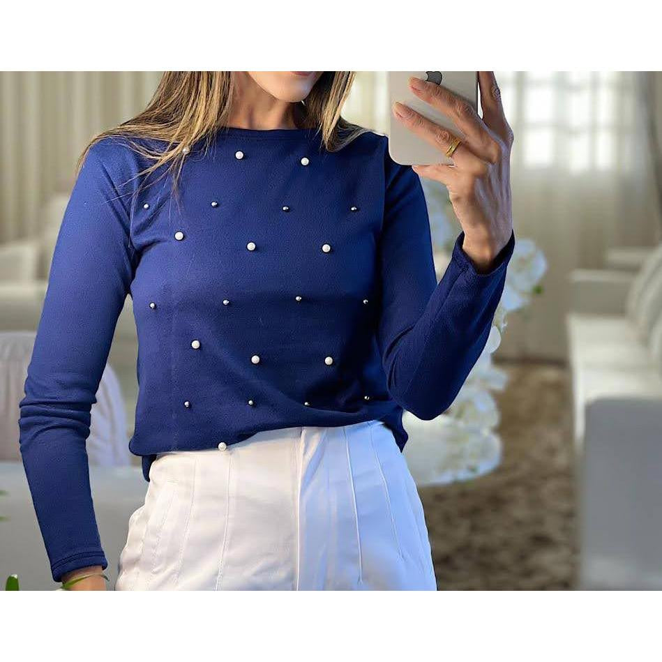 Blusa Feminina com Aplique de Pérolas - Outono Inverno - Kaype Store