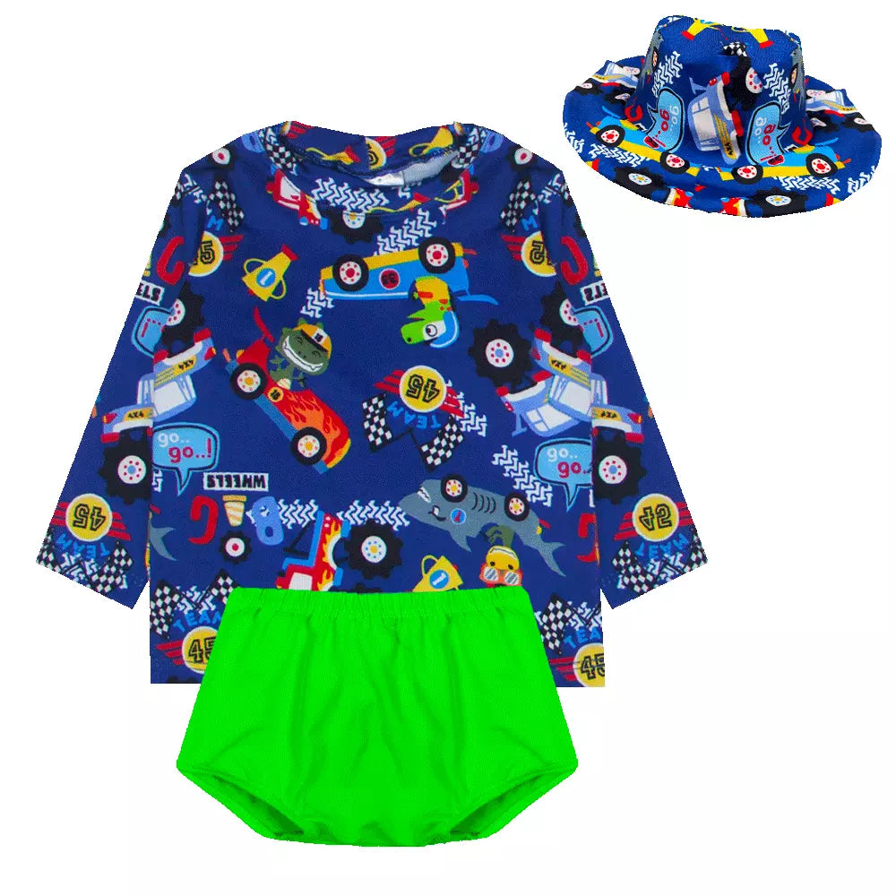 Kit Blusa com Proteção Solar UV50 + Tapa Fraldas + Chapéu Bebê e Infantil Moda Praia Meninos - Kaype Store