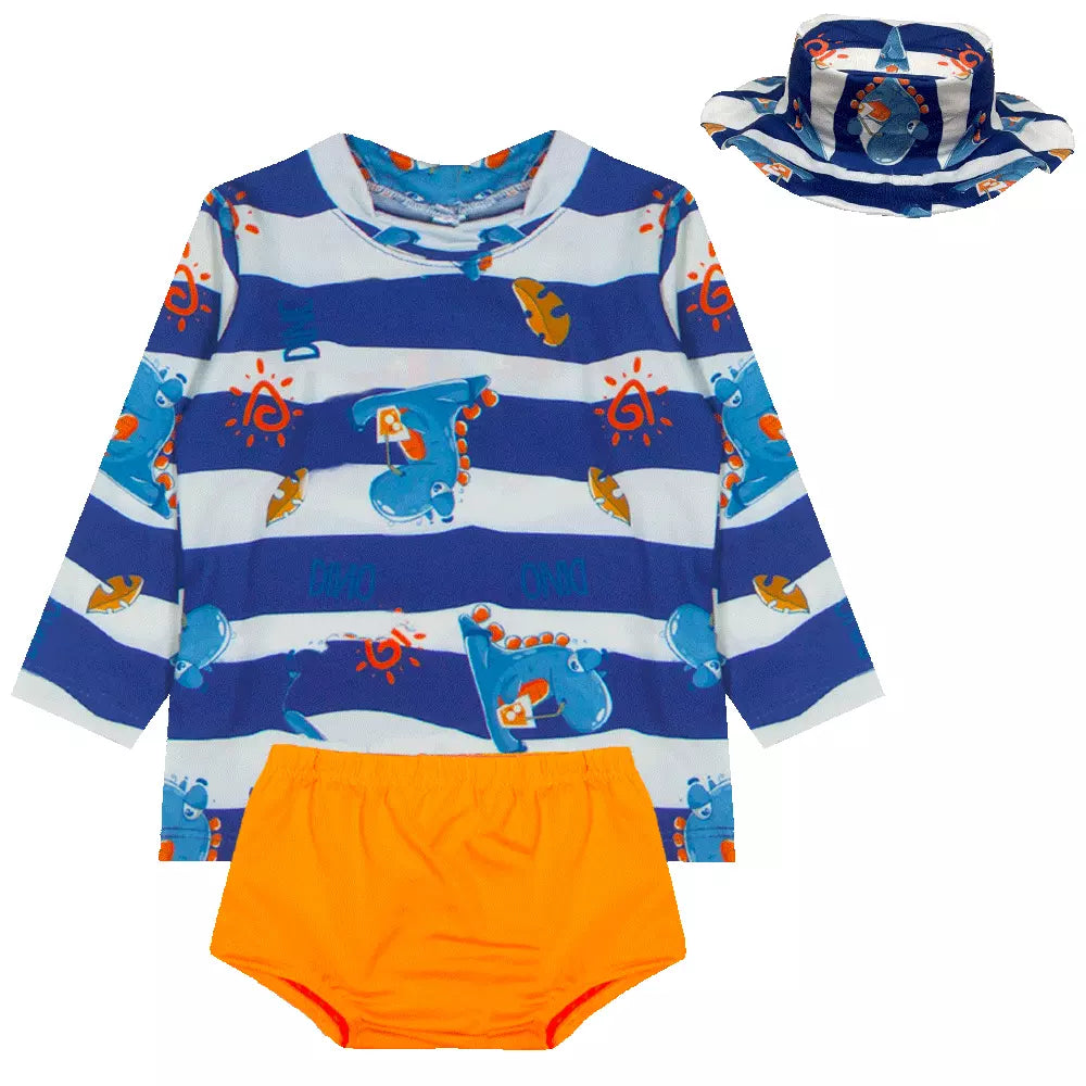 Kit Blusa com Proteção Solar UV50 + Tapa Fraldas + Chapéu Bebê e Infantil Moda Praia Meninos - Kaype Store