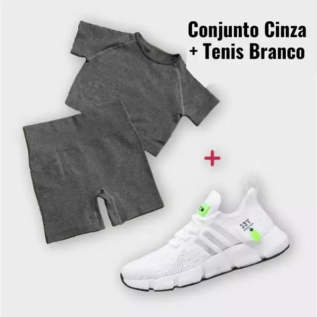 Kit Esportivo Fit Feminino - Conjunto Shorts + Cropped + Tenis de Corrida Ultra Respirável - 33y - Kaype Store
