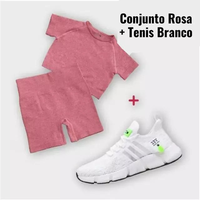 Kit Esportivo Fit Feminino - Conjunto Shorts + Cropped + Tenis de Corrida Ultra Respirável - 33y - Kaype Store