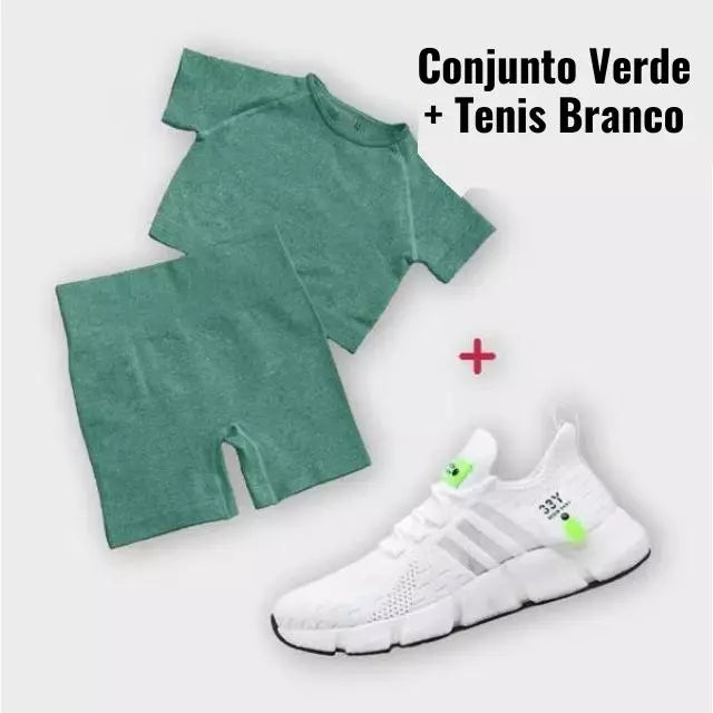 Kit Esportivo Fit Feminino - Conjunto Shorts + Cropped + Tenis de Corrida Ultra Respirável - 33y - Kaype Store