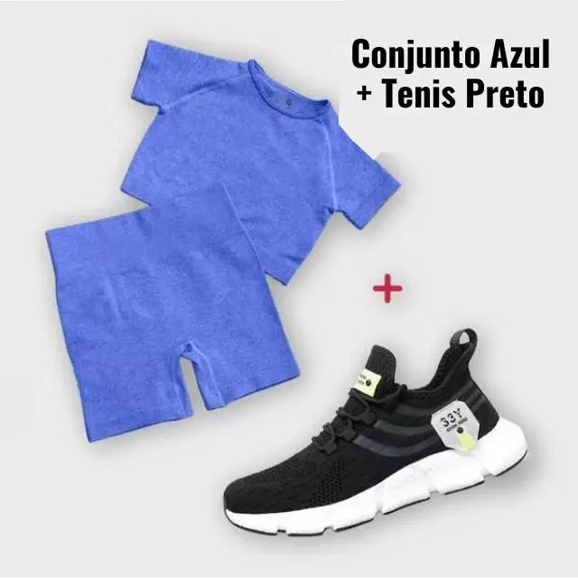Kit Esportivo Fit Feminino - Conjunto Shorts + Cropped + Tenis de Corrida Ultra Respirável - 33y - Kaype Store