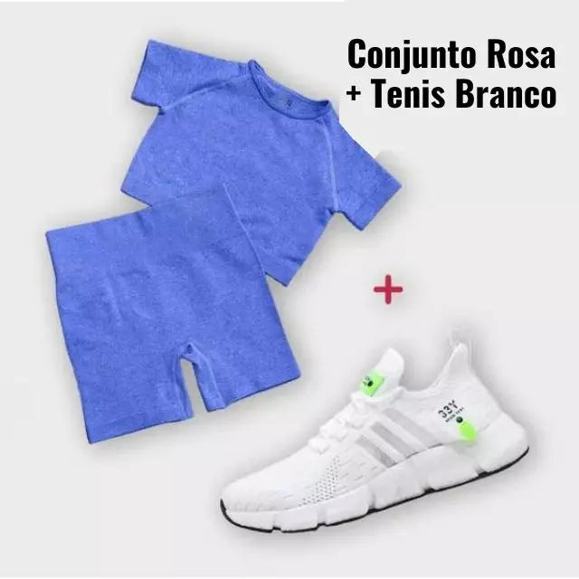 Kit Esportivo Fit Feminino - Conjunto Shorts + Cropped + Tenis de Corrida Ultra Respirável - 33y - Kaype Store