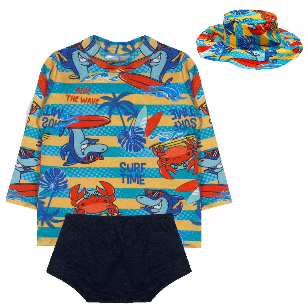 Kit Blusa com Proteção Solar UV50 + Tapa Fraldas + Chapéu Bebê e Infantil Moda Praia Meninos - Kaype Store