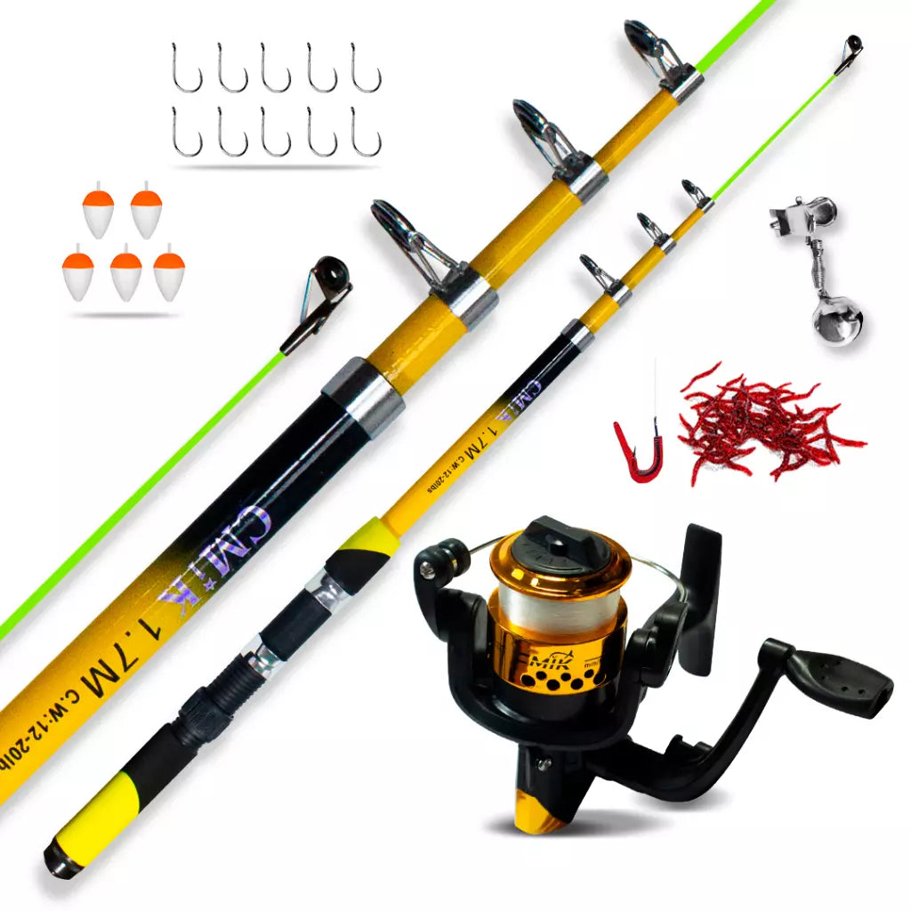 Kit Pescaria Completo – Vara Telescópica 1.70M + Molinete com Linha e Kit Anzóis - Kaype Store