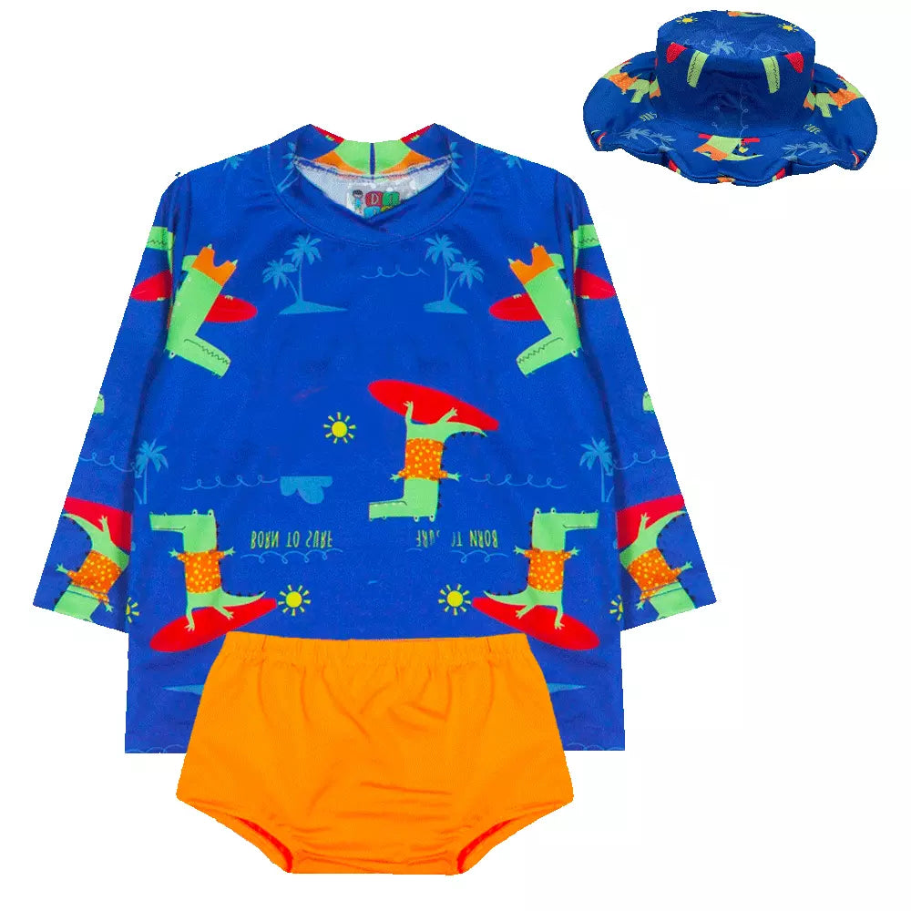 Kit Blusa com Proteção Solar UV50 + Tapa Fraldas + Chapéu Bebê e Infantil Moda Praia Meninos - Kaype Store