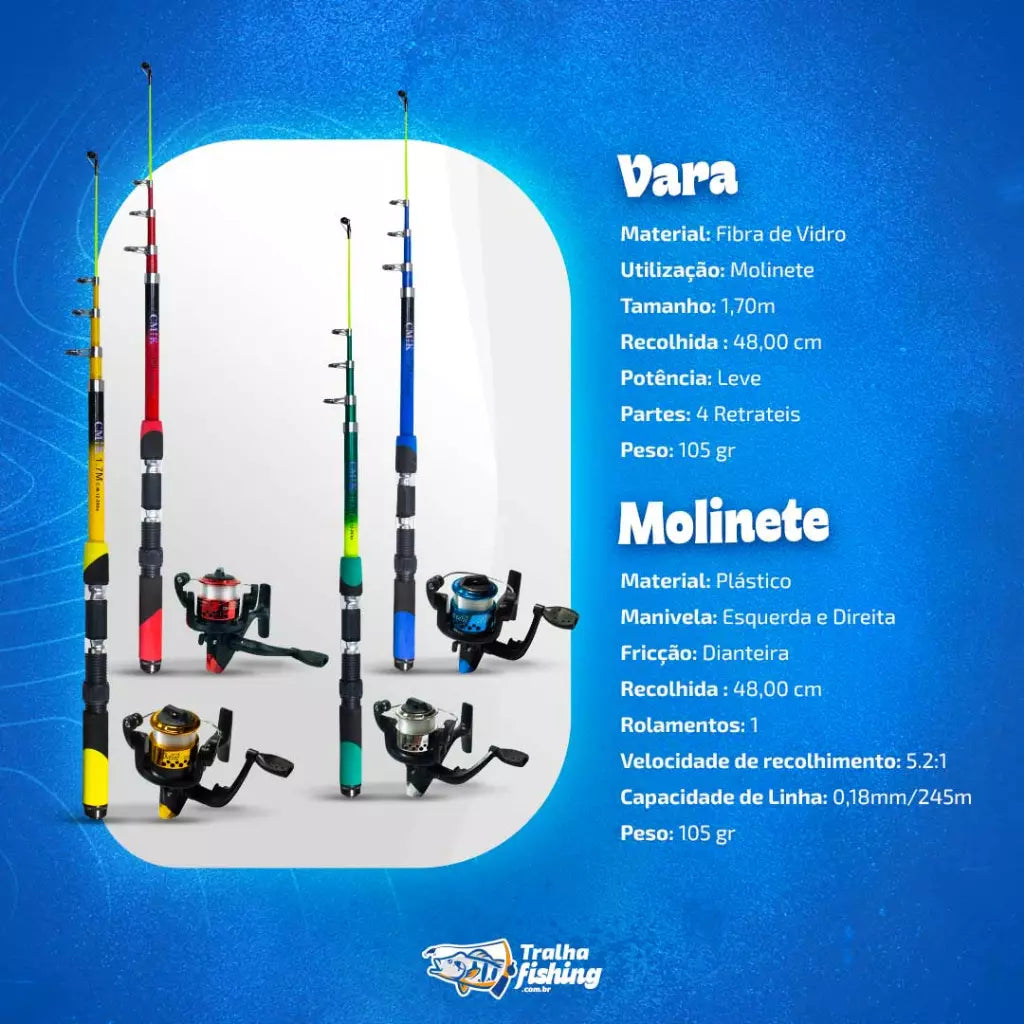 Kit Pescaria Completo – Vara Telescópica 1.70M + Molinete com Linha e Kit Anzóis - Kaype Store
