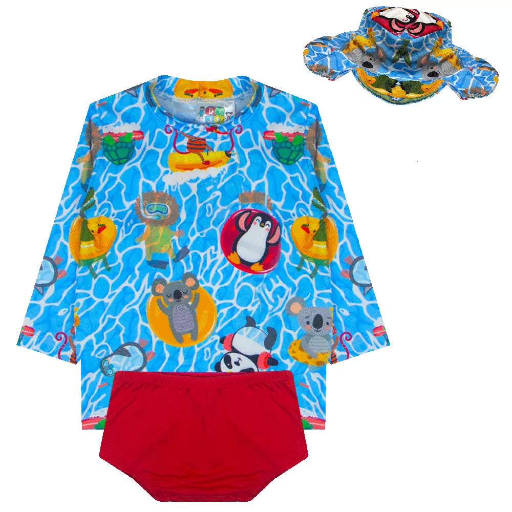 Kit Blusa com Proteção Solar UV50 + Tapa Fraldas + Chapéu Bebê e Infantil Moda Praia Meninos - Kaype Store
