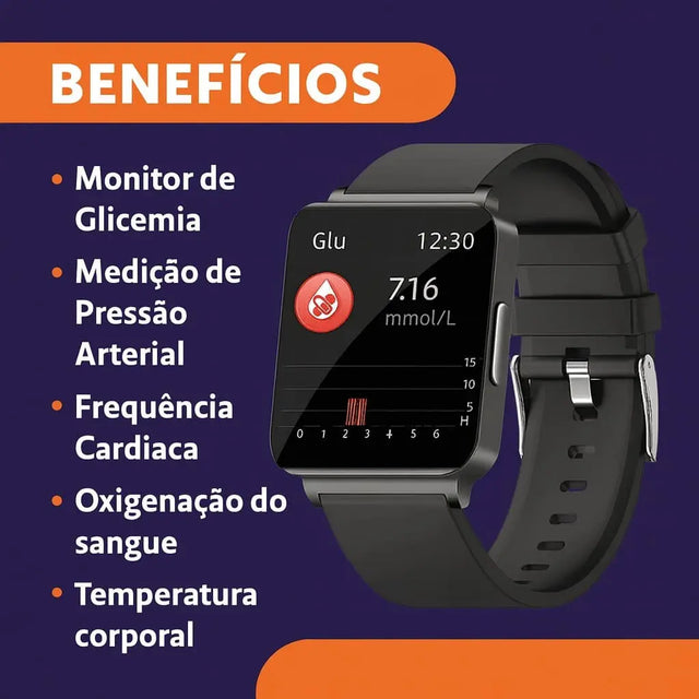 GlicoWatch Pro 2026 – Smartwatch de Saúde com Monitor de Glicemia, Pressão e Bem-Estar | Kaype Store