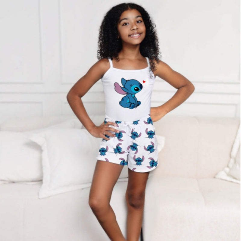 Pijama Baby Doll Infantil Feminino - Conjunto Camisa de Alcinha + Shorts - Stitch