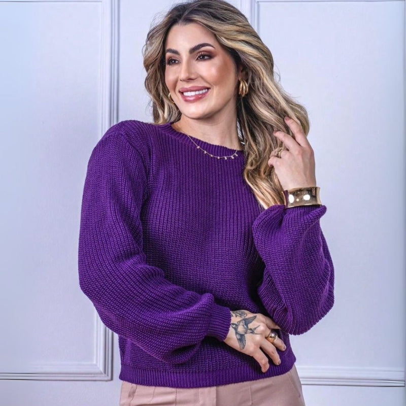 Blusa Cropped Tricot Manga Bufante Outono Inverno - Janine