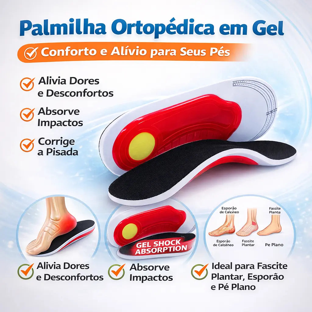 Palmilha Ortopédica em Gel para Conforto e Alívio de Dores nos Pés – Ideal para o Dia a Dia