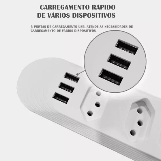 Extensão Elétrica 2m Com Tomadas e Entradas USB Integradas - Kaype Store