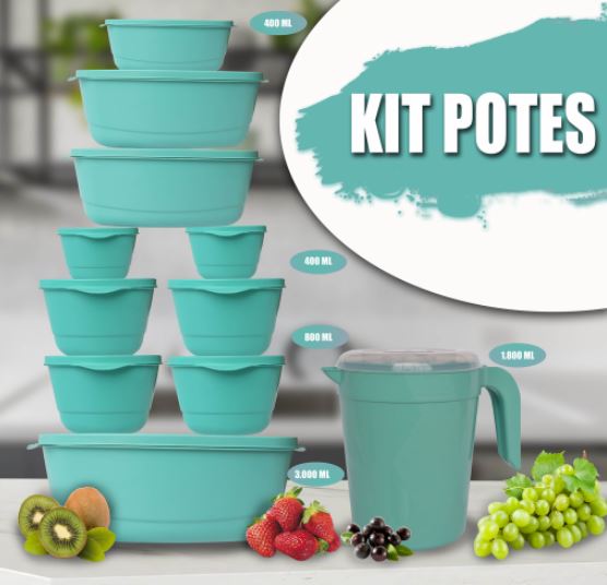 KIT 10 Potes com Tampas Anti-Térmmicos - GANHE 1 JARRA CZ008 Kaypestore Verde Água