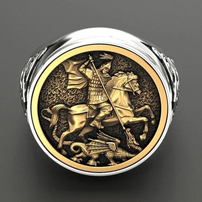 Anel Masculino Prateado com Detalhe em Bronze "São Jorge" - Kaype Store