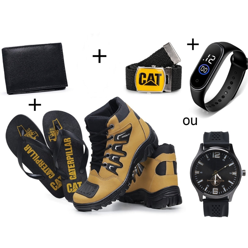 Kit Masculino Bota Coturno Caterpillar Adventure + Chinelo + Carteira + Cinto + Relógio de Brinde (Modelos variados)