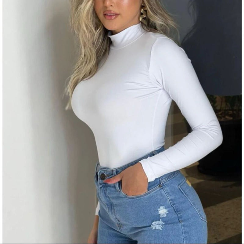 Blusa Cacharrel Manga Longa Segunda Pele Gola Alta