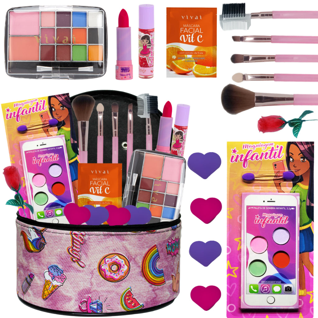 Kit Maquiagem Infantil Profissional com Maleta - Paletas, Pinceis, Esponjas, etc.. - Kaype Store