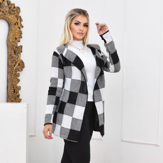 Cardigan Xadrez Sobretudo Lã Inverno com Gola Chic Feminino - Kaype Store