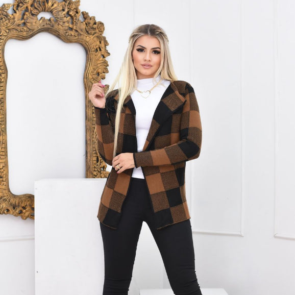 Cardigan Xadrez Sobretudo Lã Inverno com Gola Chic Feminino - Kaype Store
