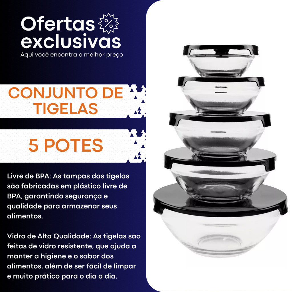 Conjunto Tigela Vidro Bowl Marmita Tampa 5 Peças