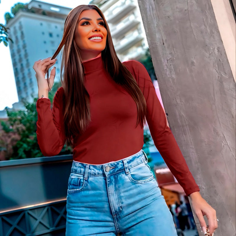 Blusa Cacharrel Manga Longa Segunda Pele Gola Alta