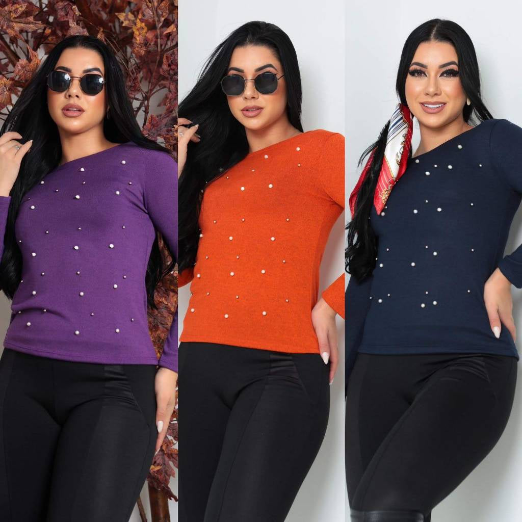 Blusa Feminina com Aplique de Pérolas - Outono Inverno - Kaype Store