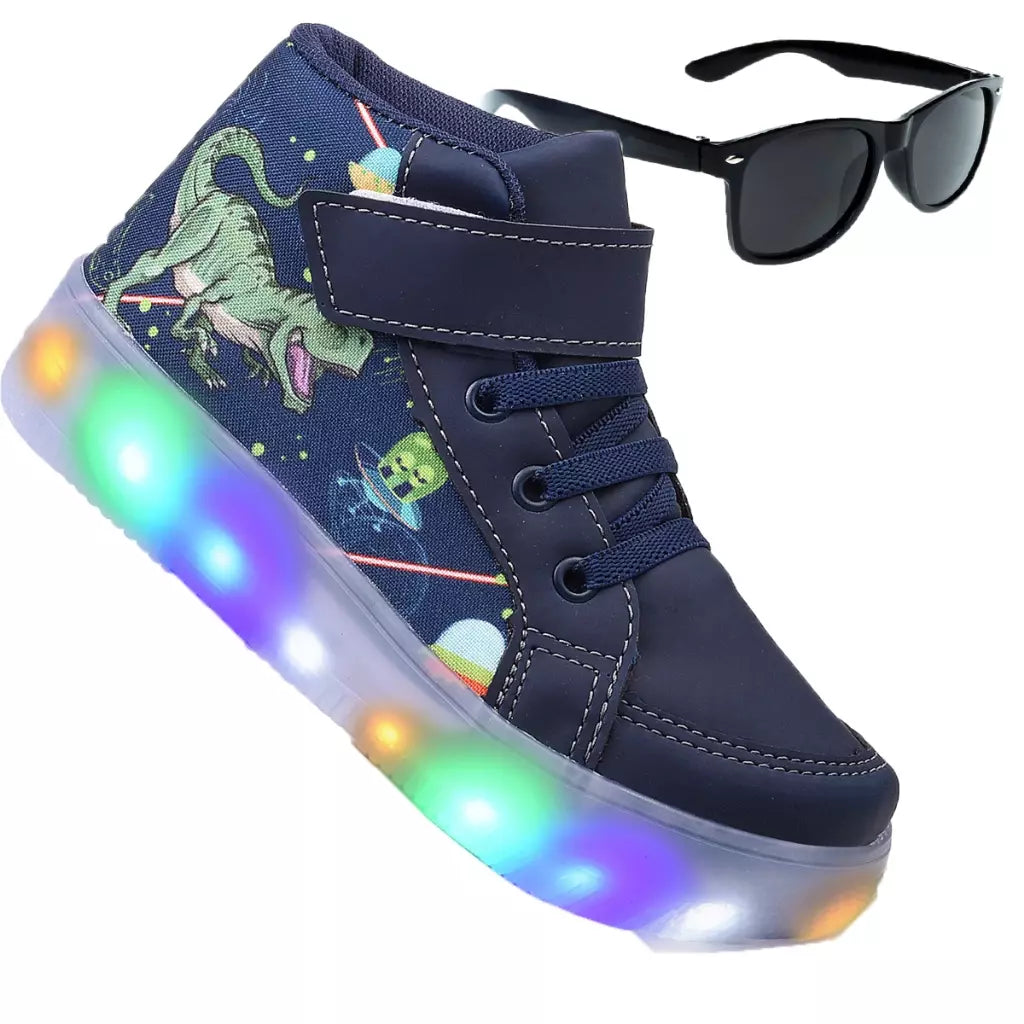 Tênis Infantil Masculino de Luzinha Led de Dinossauro - Ocúlos de Sol Infantil de Brinde - Kaype Store