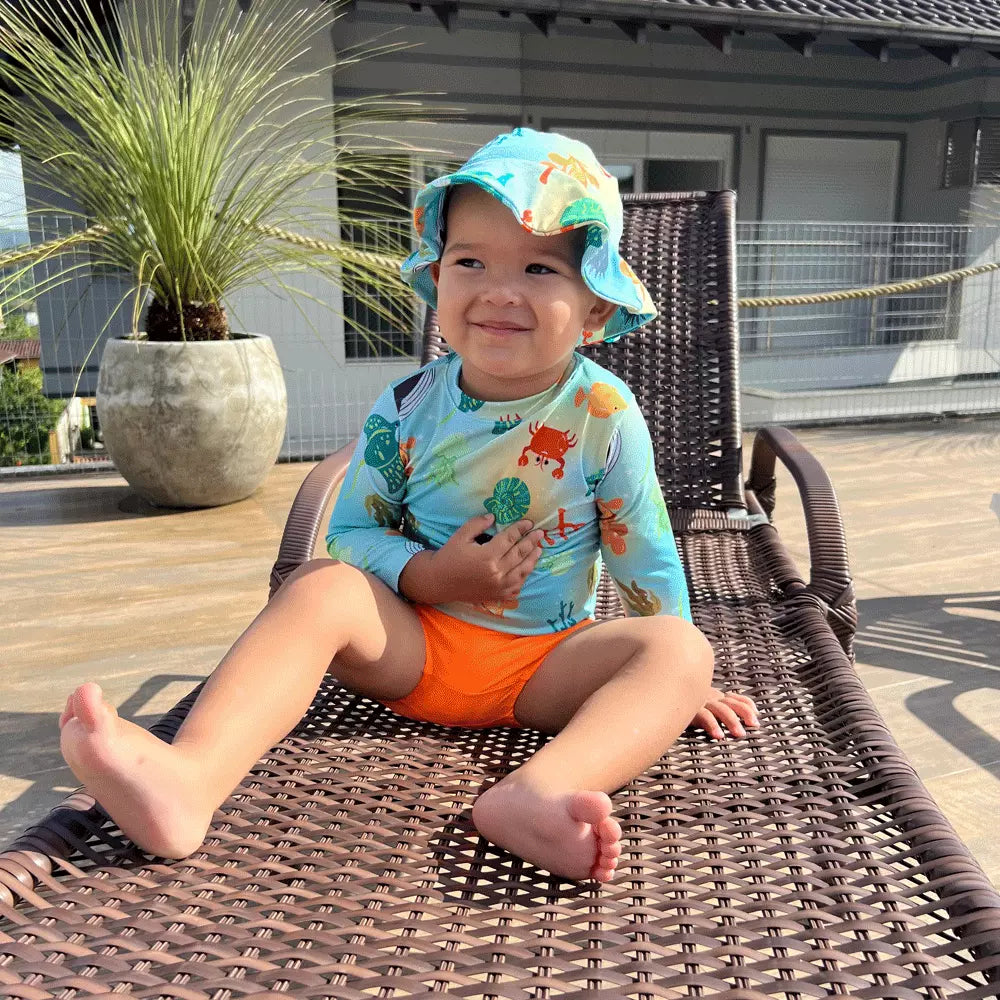 Kit Blusa com Proteção Solar UV50 + Tapa Fraldas + Chapéu Bebê e Infantil Moda Praia Meninos - Kaype Store