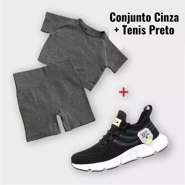 Kit Esportivo Fit Feminino -  Conjunto Shorts + Cropped + Tenis de Corrida Ultra Respirável - 33y - Kaype Store