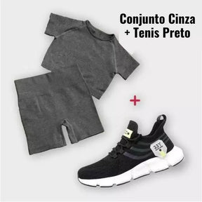 Kit Esportivo Fit Feminino -  Conjunto Shorts + Cropped + Tenis de Corrida Ultra Respirável - 33y - Kaype Store