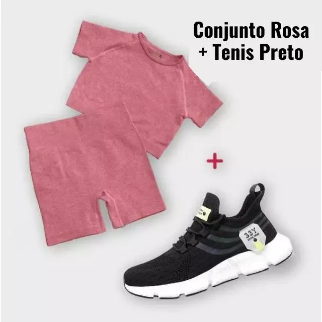 Kit Esportivo Fit Feminino -  Conjunto Shorts + Cropped + Tenis de Corrida Ultra Respirável - 33y - Kaype Store