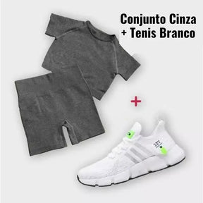 Kit Esportivo Fit Feminino -  Conjunto Shorts + Cropped + Tenis de Corrida Ultra Respirável - 33y - Kaype Store