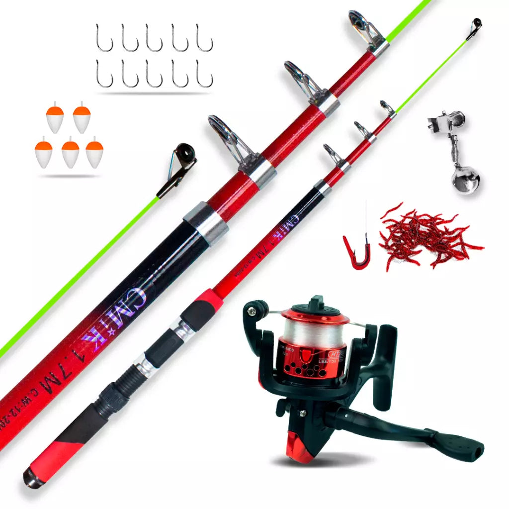 Kit Pescaria Completo – Vara Telescópica 1.70M + Molinete com Linha e Kit Anzóis - Kaype Store