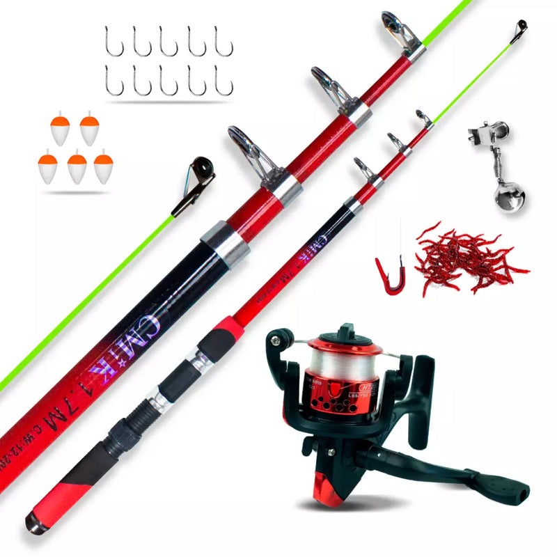 Kit Pescaria Completo – Vara Telescópica 1.70M + Molinete com Linha e Kit Anzóis - Kaype Store