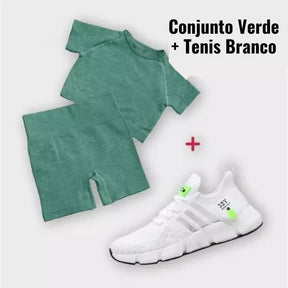 Kit Esportivo Fit Feminino -  Conjunto Shorts + Cropped + Tenis de Corrida Ultra Respirável - 33y - Kaype Store