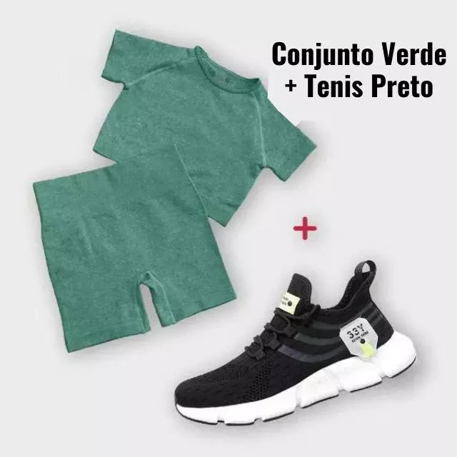 Kit Esportivo Fit Feminino -  Conjunto Shorts + Cropped + Tenis de Corrida Ultra Respirável - 33y - Kaype Store