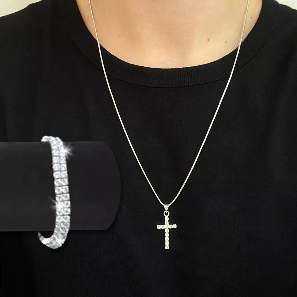 Corrente Cordão Fino de Cruz Cravejado Premium A++ - Pulseira de Brinde - Kaype Store